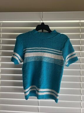 One Step Ahead Vintage Teal Crewneck Sweater with White Stripes Size S